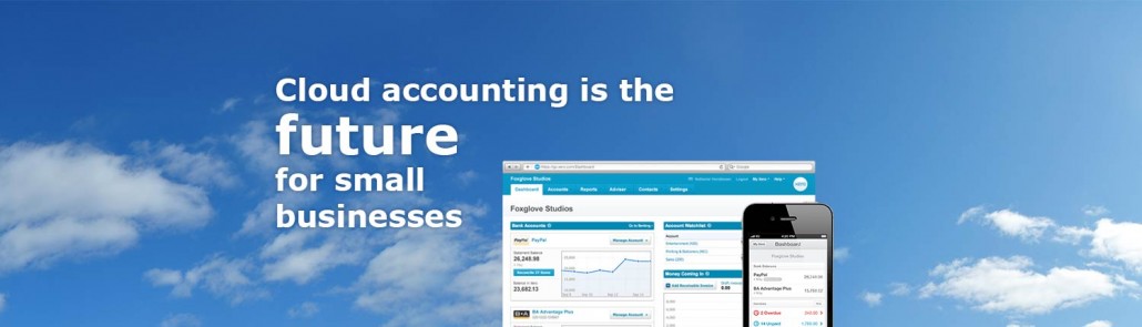 Dashboard and smartphone depicting Xero mobile accounting app. Text: Cloud Accounting is the future for small businesses